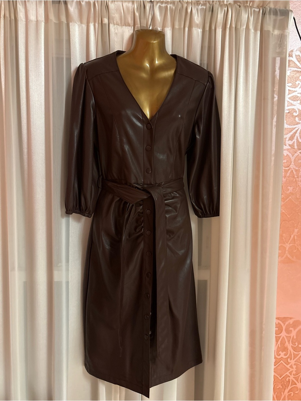 House of Harlow 1960 Dark Brown Faux Leather Button-Front Dress Coat
